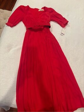 Taylor Red Midi Dress with Puff Sleeves and Belt